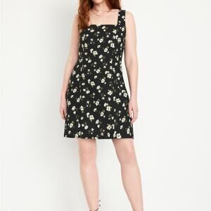 Old Navy black floral Square-Neck Linen-Blend Mini Dress